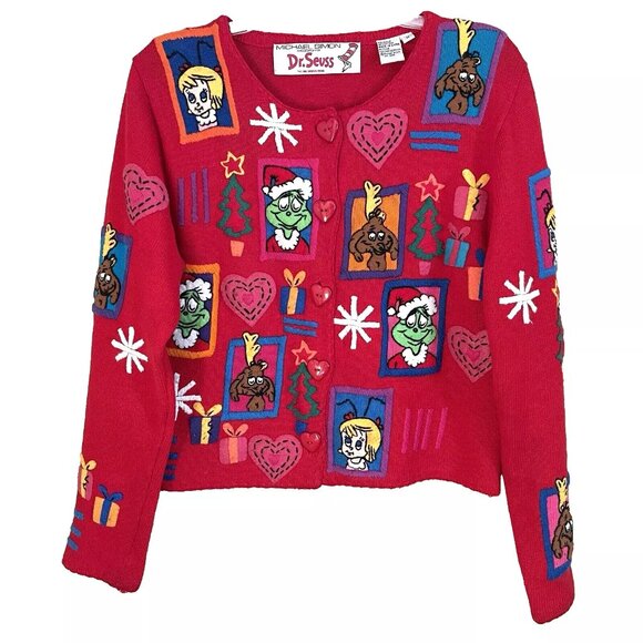 Vintage Michael Simon Dr. Seuss Grinch Christmas Cardigan Sweater Medium